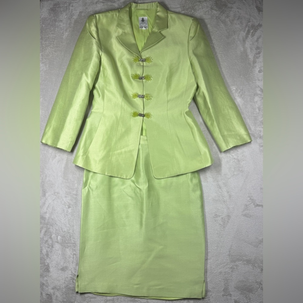 Rare Vintage Gemma Kahng New York Green Silk Cotton Blend Blazer Skirt Set 8